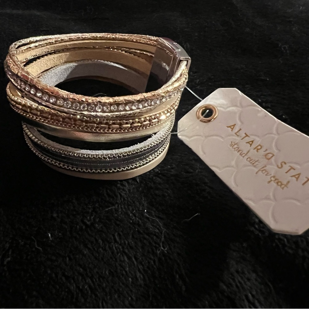 NWT altar’d state Leather Layer Cuff Bracelet Mixed Media Magnetic Close Bangle - Picture 3 of 5